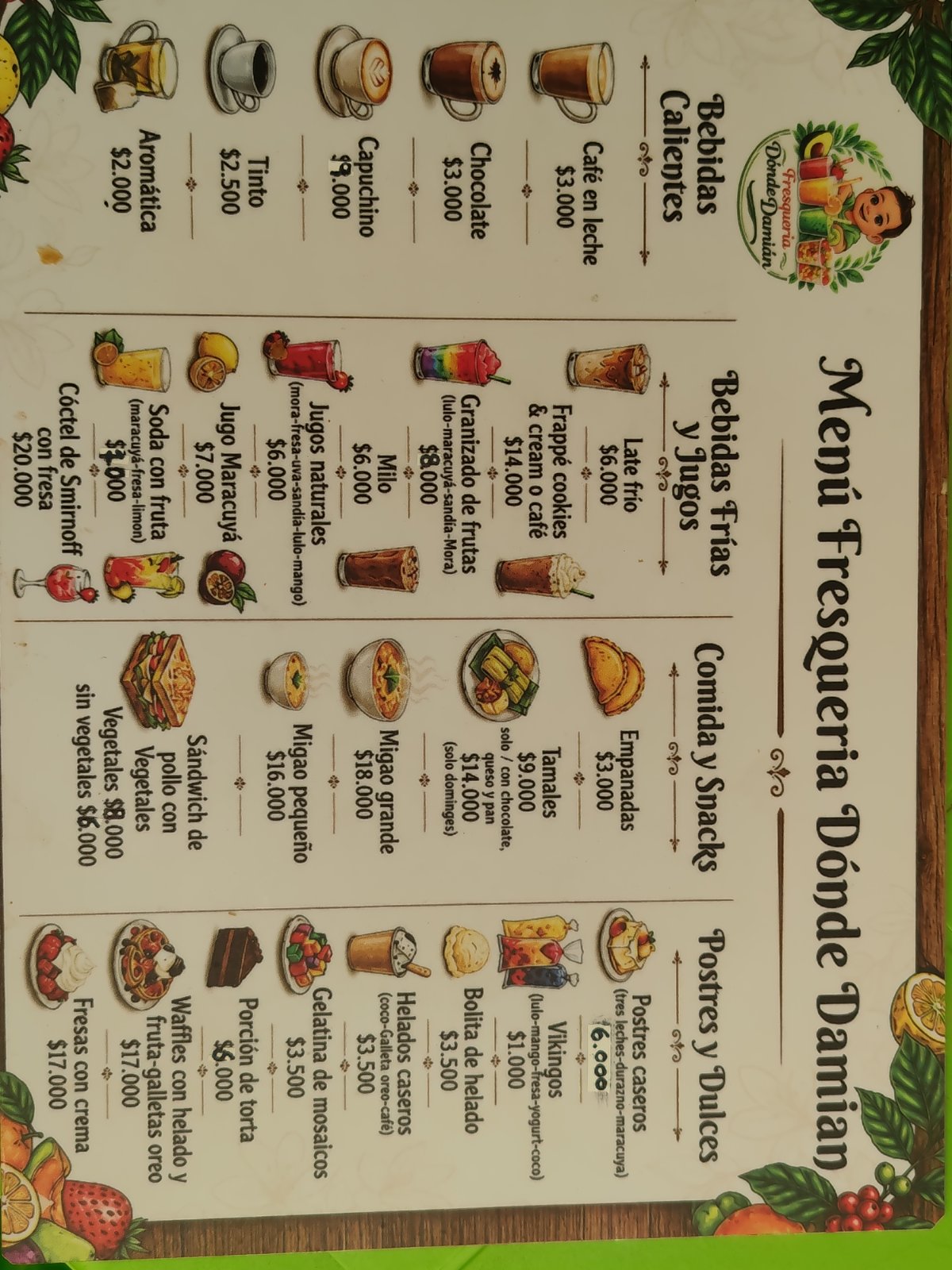 Menu, Horarios de Fresqueria Dónde Damian